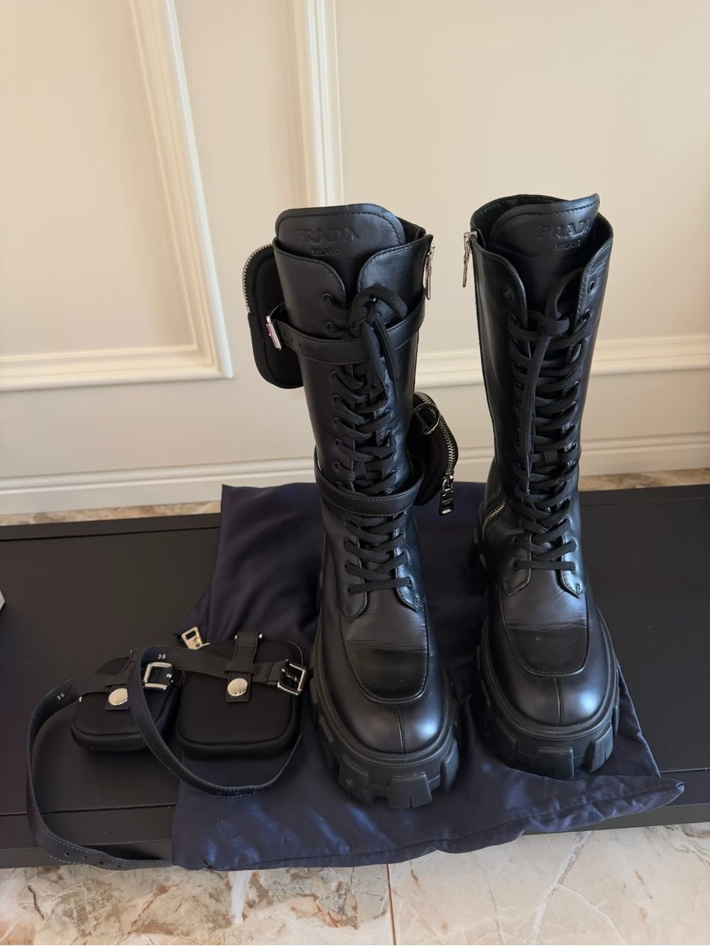 Prada Black Lace-Up Platform Combat Boots with Detachable Pouches